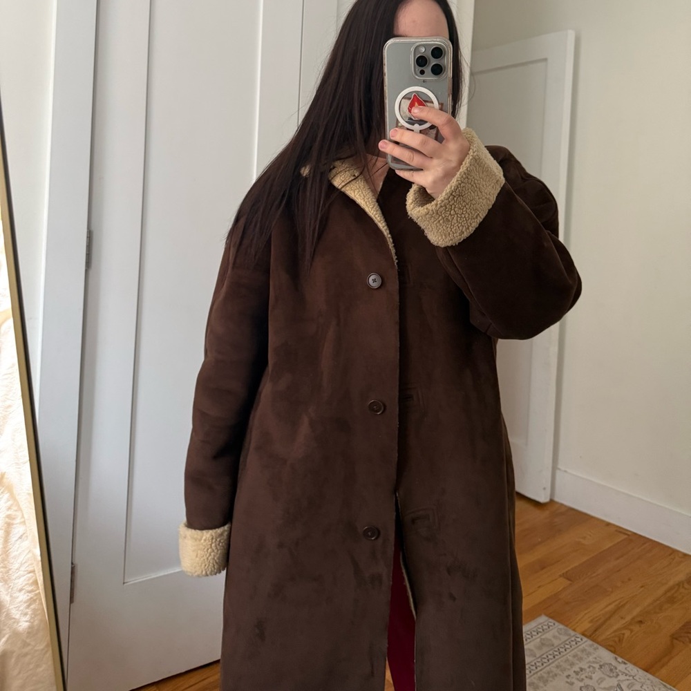 Lands' End Brown Faux-Suede Teddy Coat with Cream Sherpa Trim